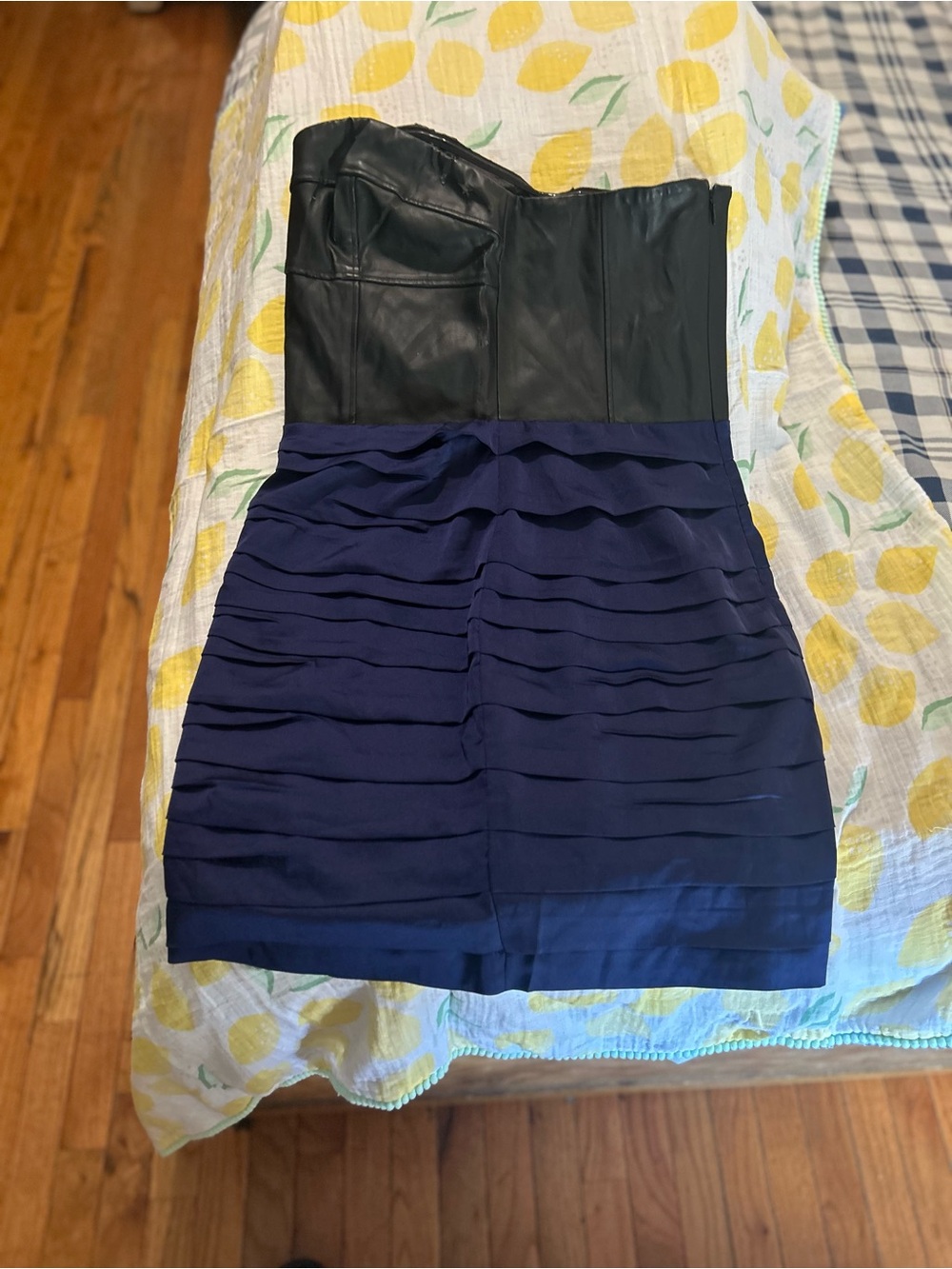 Express Strapless Black Faux-Leather Top with Navy Tiered Mini Skirt
